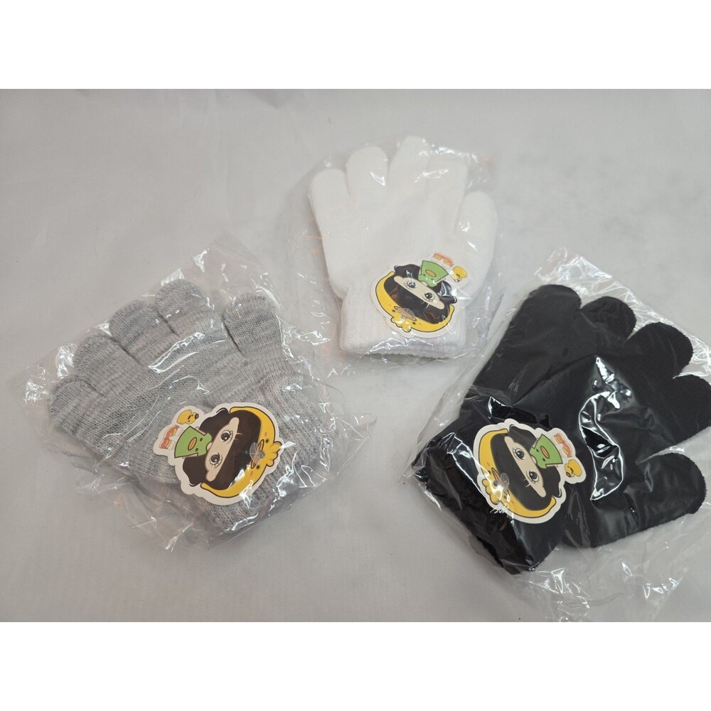 Lot of 3 New Kids Girls Knit Winter Gloves Stretch Black Gray White One Size